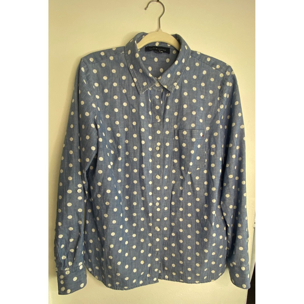 Tommy Hilfiger Womens Polka Dot Button Down Shirt Blue‎ Chambray TJSH1034 12/22